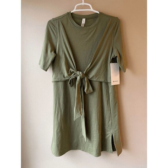 Lululemon Cotton Wrap Front T Shirt Dress in Bronze Green Women's Size 4 - Picture 1 of 2